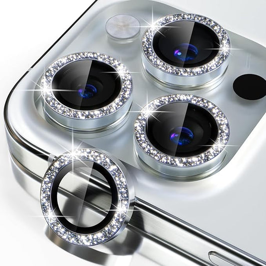 Misea Compatible for iPhone 15 Pro/iPhone 15 Pro Max Camera Lens Protector Bling, 9H Tempered Glass Camera Cover Screen Protector Metal Individual Ring Protector Decoration Accessories, Silver Glitter