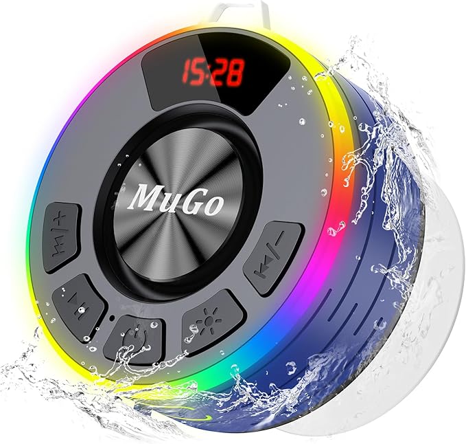 MuGo Shower Bluetooth Speaker Waterproof IPX7, 360° HD Stereo Sound Bathroom Speaker Bluetooth 5.3 with RGB Lights, Suction Cup and Microphone, Mini Shower Radio for Home/Party/Outdoor