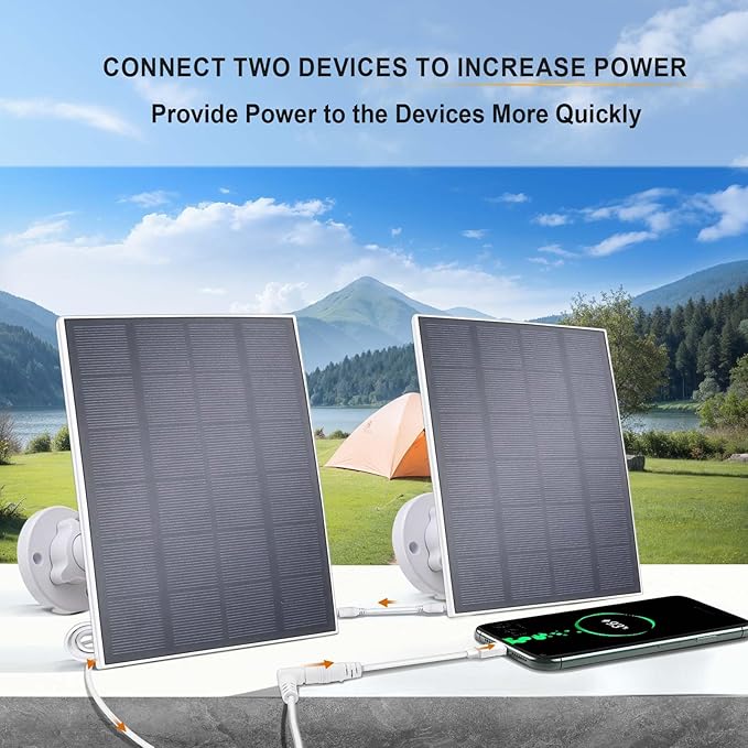 5V 3W Waterproof Solar Panel(2Pack) for Security Camera with 3.5MM Male and Elbow Cables & Type-C-Female Head & Micro-Female Head & Female to Female Cable, 360° Adjustable Wall Mount for Eufy Camera
