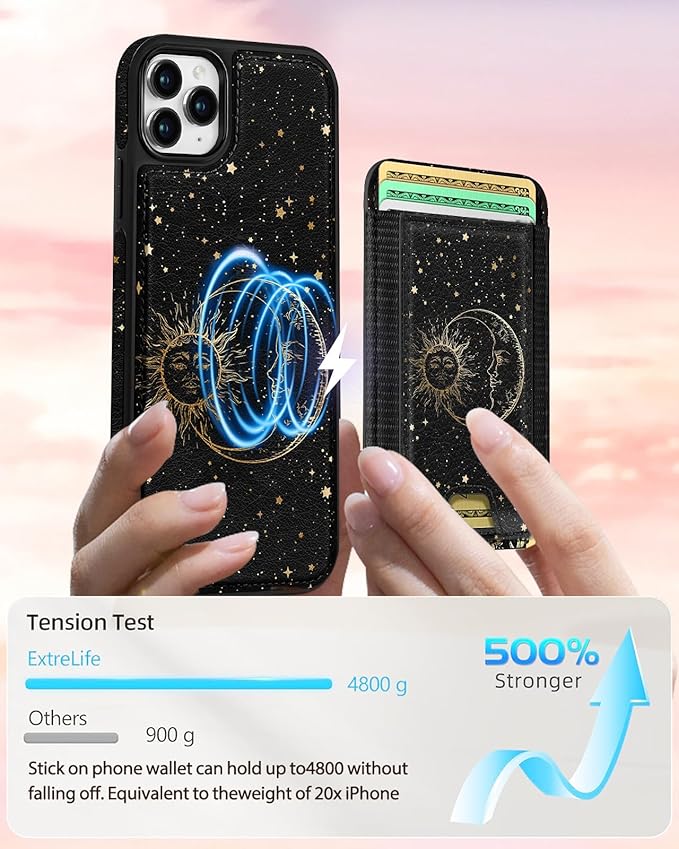 Shorogyt for iPhone 11 Pro Max Wallet Case - Fits 5 Cards, Compatible with Magsafe Detachable Magnetic Credit Card Holder Leather Cardholder Cute Phone Cover Women Girls for Apple 11 ProMax, Sun Moon