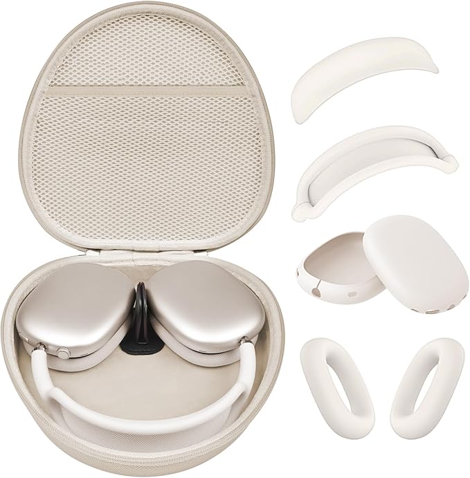 Hard Case for AirPods Max Supports Sleep Mode, Travel Carrying Headphone Case with AirPods Max Silicone Earpad Case/Ear Cups/Headband Cover, AirPod Max Protective Portable Storage Bag (Stone)