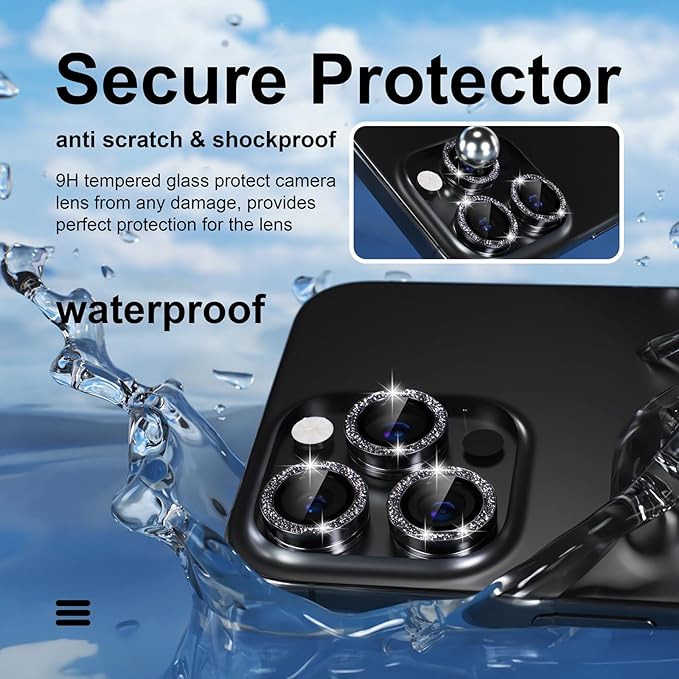 Misea Compatible for iPhone 15 Pro/iPhone 15 Pro Max Camera Lens Protector Bling, 9H Tempered Glass Camera Cover Screen Protector Metal Individual Ring Protector Decoration Accessories, Black Glitter