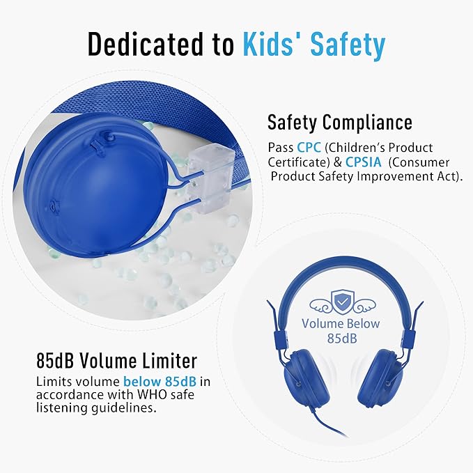 AILIHEN HD850 Classroom Headphones for Kids K-12 Students, School Wired Headphones with Microphone & 85dB Volume Limited & Sharing Function for Chromebook (Blue)