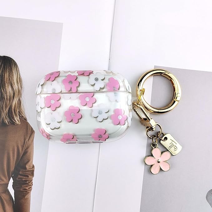 Compatible with AirPods Pro 2 Case Cover 2022, Soft TPU with Cute Flower Pattern for AirPods Pro 2nd/1st Generation Case with Flower Keychain and Carabiner for Girls Women (Pink)