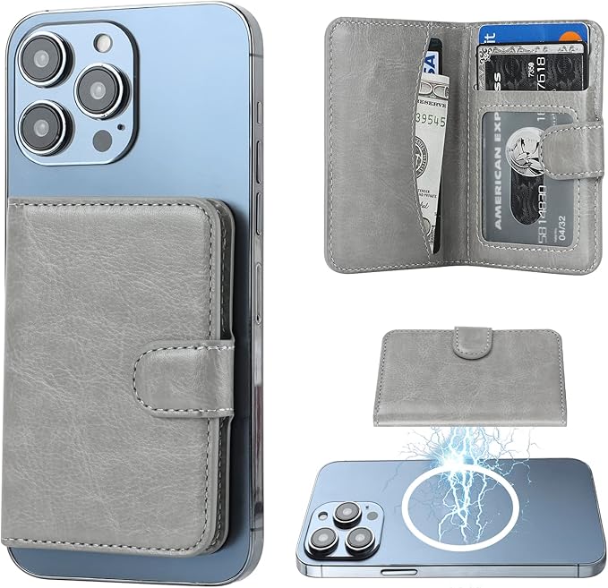 Bocasal for MagSafe Wallet Magnetic Card Holder, RFID Blocking Leather Card Slots for iPhone 17/16/15/14/13/12 Pro/Max/Plus/Air, Adjustable Kickstand Flip Mag Safe Wallet (Grey)