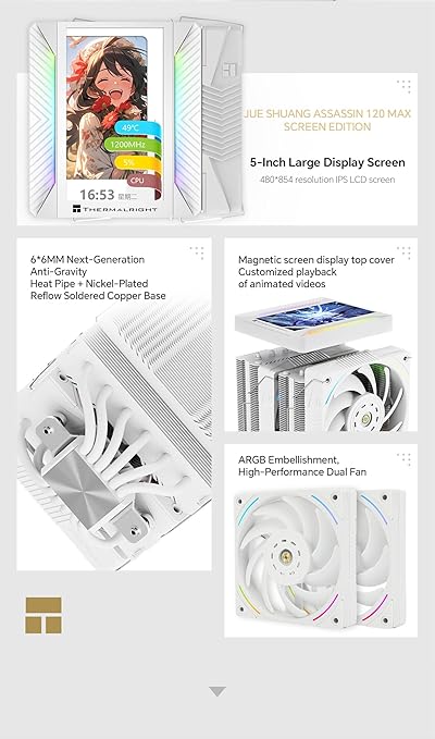 Thermalright Peerless Assassin 120 Vision MAX ARGB CPU Cooler, 5 Inch LCD, TL-K12 2150RPM 120mm Fans, for Intel 1851/1700, AMD AM4/AM5