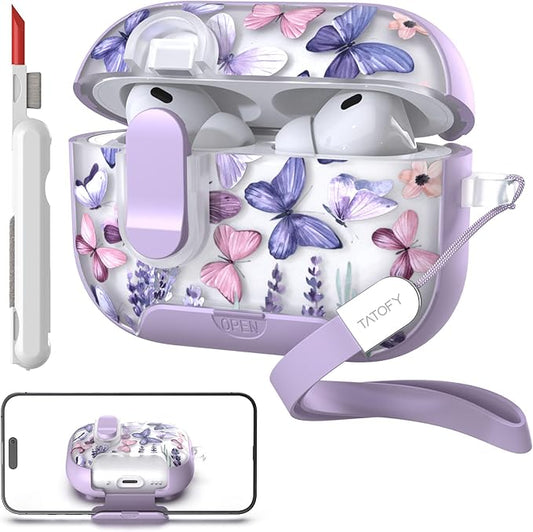 TATOFY for AirPod Pro 3 Case (2025) with Phone Stand Lanyard Lock Cleaning Kit, Compatible with Magsafe, Flowers Hard AirPods Pro 3rd Generation Cover for Women (Butterfly, AirPods Pro 3)
