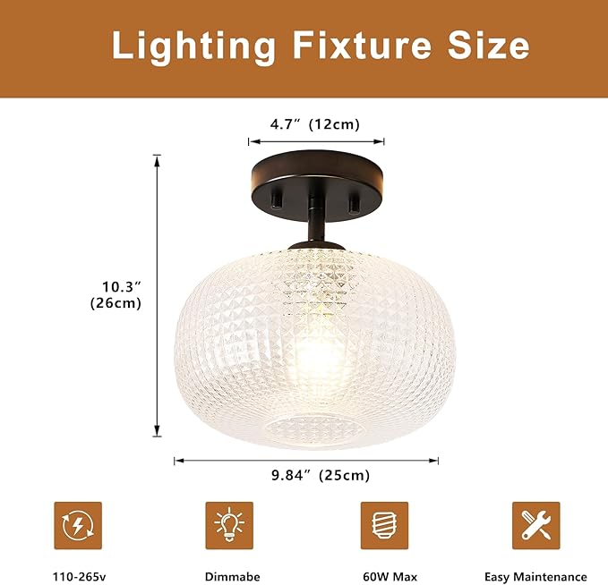 Modern Black Flush Mount Ceiling Light Fixtures,Hammered Globe Ceiling Lighting Adjustable Hanging with Seeded Glass Lampshade for Entryway Bedroom Kitchen Hallway Laundry Room,E26 Lamp,9.84 In