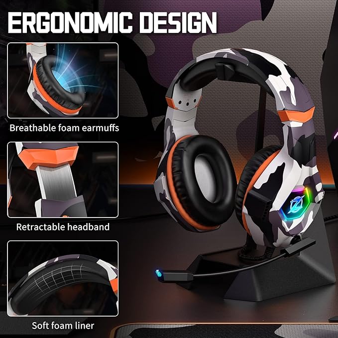 Ozeino Gaming Headset for PC, Ps4, Ps5, Xbox Headset with 7.1 Surround Sound, Gaming Headphones with Noise Cancelling Mic RGB Light Over Ear Headphones for Xbox Series X/S, Switch-Camo