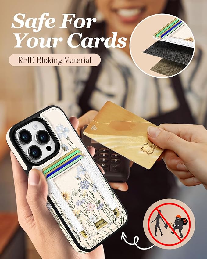 Shorogyt for iPhone 14 Pro Case Wallet - Fits 5 Cards, Compatible with Magsafe Detachable Magnetic Credit Card Holder Leather Cardholder Cute Phone Cover Women Girls for Apple 14Pro, Color Flower