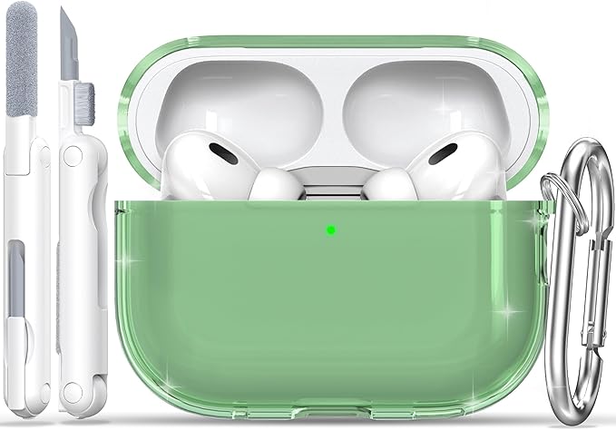 RFUNGUANGO AirPods Pro Case Clear, Soft TPU Transparent with Cleaning Kit & Keychain, Compatible with Magsafe, Compatible Apple AirPods Pro 2nd/1st Generation Protective Case, Green