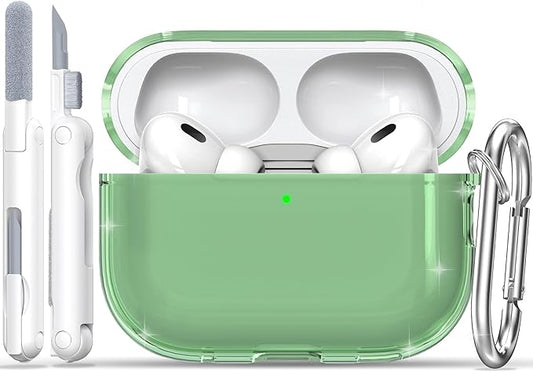 RFUNGUANGO AirPods Pro Case Clear, Soft TPU Transparent with Cleaning Kit & Keychain, Compatible with Magsafe, Compatible Apple AirPods Pro 2nd/1st Generation Protective Case, Green