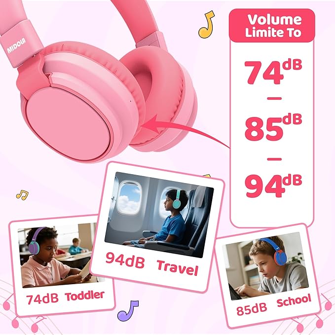 MIDOLA Kids Headphones Wireless Bluetooth 5.4 68H Play Time Volume Limit 85/94dB Over-Ear Foldable Headset,Type-C Fast Charging,with Wired Aux Mic for Toddler Boy Girl Pad Tablet Pink