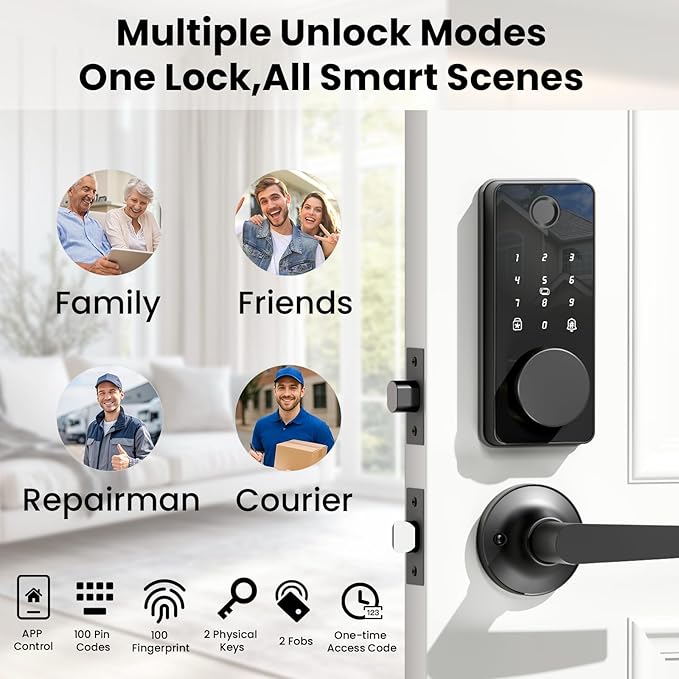 Smart Lock with Handles, Fingerprint Door Lock App Control, Keyless Entry Door Lock Set, Electronic Keypad Deadbolt, Auto & One Touch Lock, Easy Installation, IP54, Digital Smart Code
