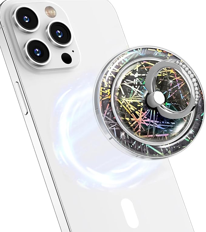 Transparent Magnetic Phone Grip Compatible with MagSafe Phone Ring Holder,360°Adjustable & Removable Silver Star Diamond Laser11 Design Magnet Stand for Phones and Tablets