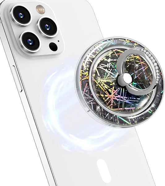 Transparent Magnetic Phone Grip Compatible with MagSafe Phone Ring Holder,360°Adjustable & Removable Silver Star Diamond Laser11 Design Magnet Stand for Phones and Tablets