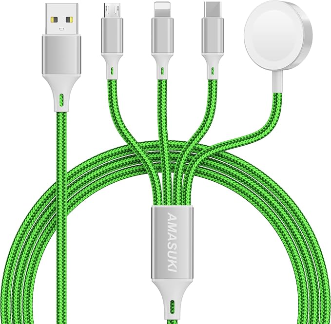 Travel Essentials,4 in 1 for Apple Watch Charger/iPhone Charger/Multi Charging Cable,Vacation RV Camping Essentials,USB C/L/Micro Portable Charger for iWatch 11-1/iPhone 17-12,Car&Gift-Green