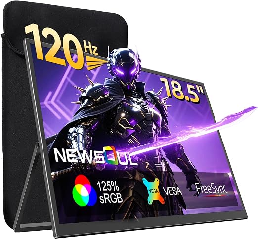 Portable Monitor 18.5'' 120Hz Gaming Monitor, 125%sRGB | 2000:1 | HDR| FreeSync Travel Monitor for Laptop Mac-Book PC, Built-in Stand & Speakers, VESA, USB HDMI Large Second Screen for Game Office
