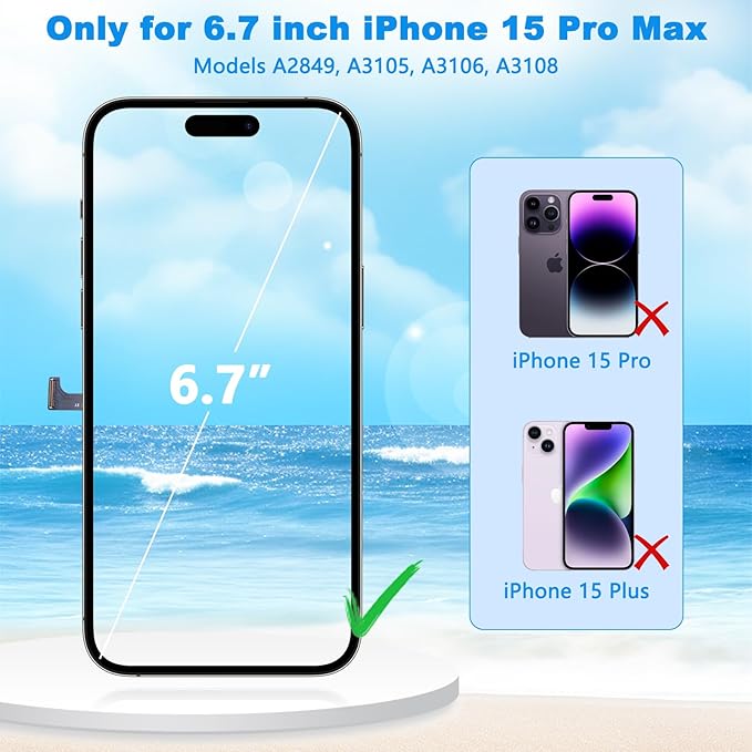 for iPhone 15 Pro Max Screen Replacement Black 6.7 Inch, LCD Touch Digitizer Complete Display for A2849, A3105, A3106, A3108,with Waterproof Seal+Tempered Glass+Repair Tools