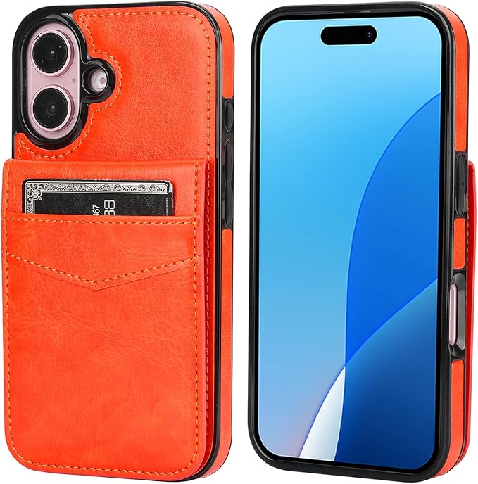 KIHUWEY Compatible with iPhone 16 Case Wallet with Credit Card Holder, Flip Premium Leather Magnetic Clasp Kickstand Heavy Duty Protective Cover for iPhone 16 6.1 Inch (Orange)
