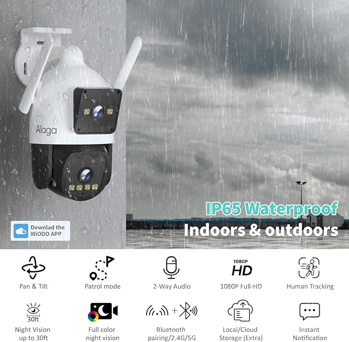Alaga Outdoor Security Camera,Black Light Full Color Night Vision,F1.0 Dual Lens,AI Motion Detection,5G and 2.4G WiFi,Weatherproof,Two Way Audio,360° Detailed Coverage,Cloud and Local Storage