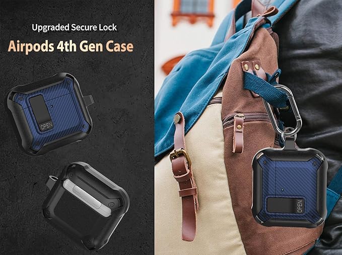 for Airpods 4 Case with Lock Clip, Rugged Apple Airpods 4th Generation Cover 2024 Men Women, Armor Shockproof iPod 4 Gen Protective Hard Shell with Carabiner&Cleaner kit,Black/Blue