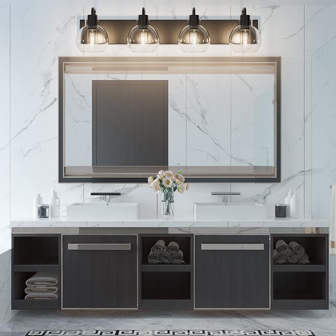 Tipace Black Industrial Bathroom Vanity Light Fixtures Over Mirror Glass Globe 4 Lights Vintage Vanity Lights Farmhouse Bath Lighting(Exclude Bulb)