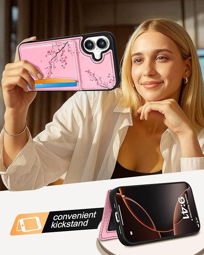 for iPhone 16 Plus Case with Wallet - Fits 4 Card Slots,Compatible with MagSafe for Women Aesthetic Durable PU Leather Credit Card Holder Kickstand Phone Cover for Apple 16 Plus, Peach Blossom