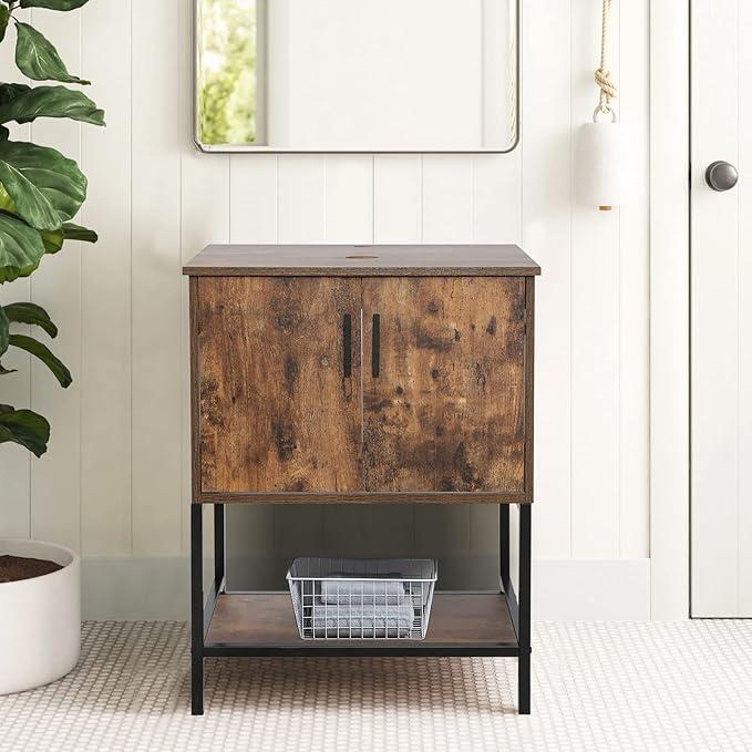 eclife 24" Bathroom Vanity Sink Combo Modern Metal Stand Cabinet W/Bottom Shelf, Rustic Brown (Without Sink)