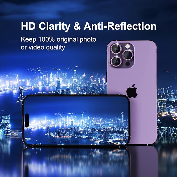 Misea [3+1] for iPhone 14 Pro/iPhone 14 Pro Max Camera Lens Protector Bling, 9H Tempered Glass Camera Cover Screen Protector Metal Individual Ring Protector Decoration Accessories, Purple Diamond