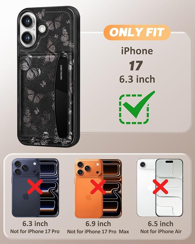 for iPhone 17 Case with Wallet - Fits 4 Card Slots, Compatible with MagSafe for Women Aesthetic Durable PU Leather Credit Card Holder Kickstand Phone Cover for Apple 17, Black Butterfly