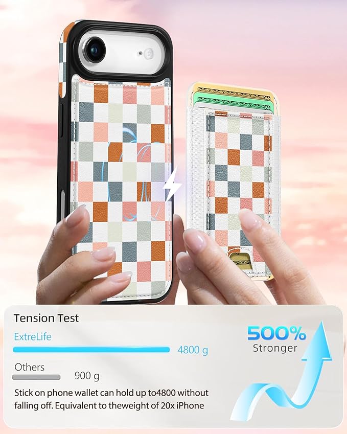 Shorogyt for iPhone Air Wallet Case - Fits 5 Cards, Compatible with Magsafe Detachable Magnetic Credit Card Holder Leather Cardholder Cute Phone Cover Women Girls for Apple 17 Air, Checkered