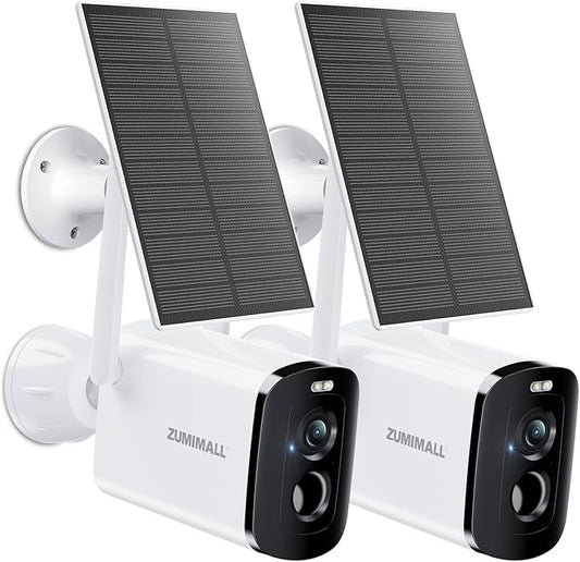 ZUMIMALL Solar Security Cameras Wireless Outdoor - 2 Packs, 2K Camera for Home Security, Front Door, Yard & Driveway, Color Night Vision, 2.4GHz WiFi, 2-Way Talk, Spotlight & Siren, IP66/Alexa/Cloud