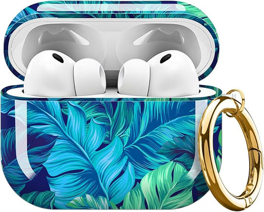 Compatible with AirPods Pro 3 Case 2025 for Women Girls – Cute Shockproof Protective Cover with Gold Round Buckle, Anti-Drop Soft Case for AirPod Pro 3rd Gen (Green Leaves)
