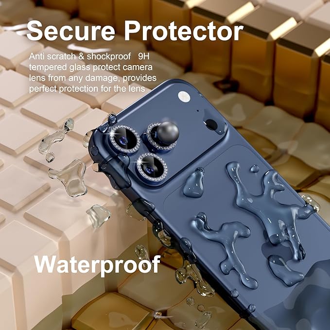 Misea Compatible for iPhone 17 Pro/iPhone 17 Pro Max Camera Lens Protector Bling, 9H Tempered Glass Camera Cover Screen Protector Metal Individual Ring Decoration Accessories, Blue Diamond
