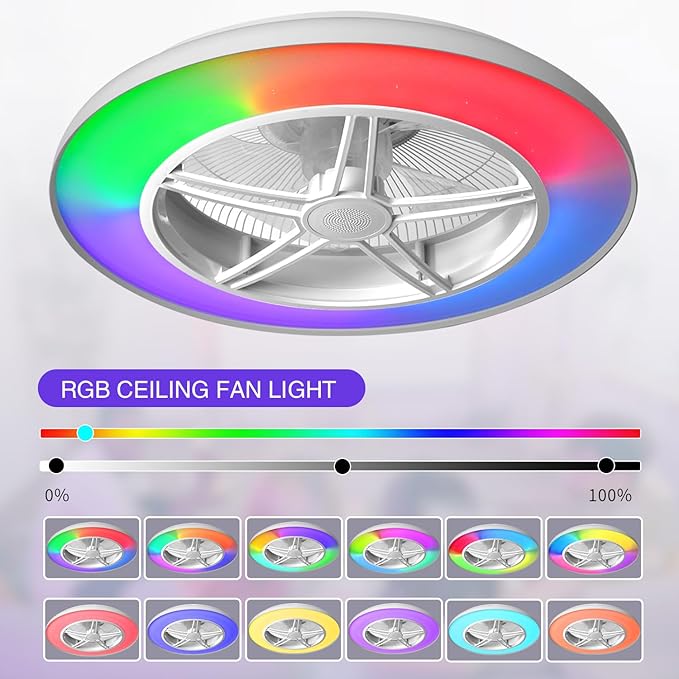 BAYSQUIRREL Samrt Low Profile Ceiling Fan with Light,Bluetooth Bladeless Ceiling Fans with Speaker,RGB-LED Dimmable Reversible Flush Mount Ceiling Fan for Bedroom