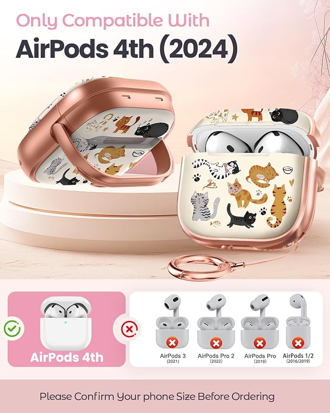 Coralogo for AirPods 4 Case with Safety Lock - Cute Cartoon for Women Girls Fashion Stylish Cats Pattern Design Kawaii Girly Girlish Hard Protective Cover for AirPods 4th Generation 2024