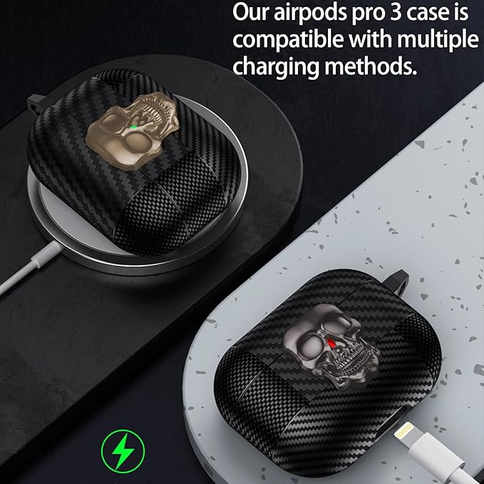 for Hard AirPods Pro 3 Case 2025|Funny 3D Skull Air Pods Pro 3 Case with Lock(Model A2700/A2931)|with Keychain|Halloween Cool Carbon Fiber Airpods 3 Pro Cases for Man Women(Gold)