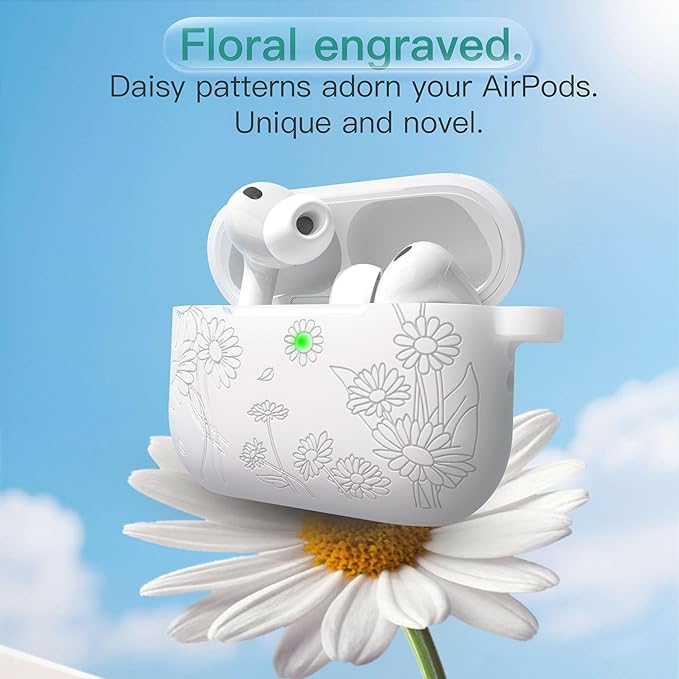 for AirPods Pro 3 Case (2025) DamonLight Daisy Floral Engraved Shockproof Protective Soft Silicone Case Cover with Cleaning Pen and Keychain for Apple Airpods Pro 3rd Generation(White)