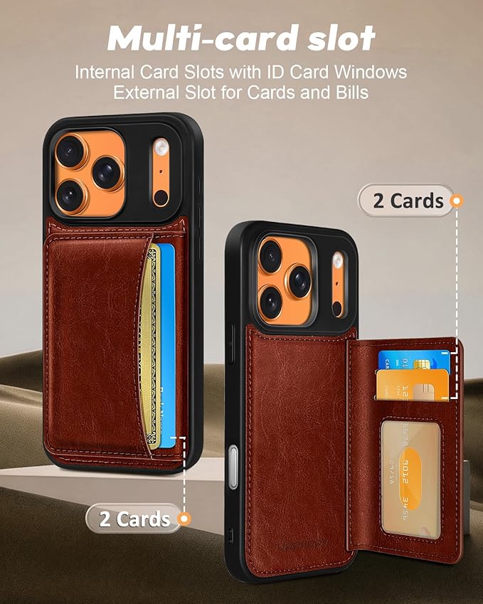 for iPhone 17 Pro Case with Wallet - Fits 4 Card Slots, Compatible with MagSafe for Women Men Durable PU Leather Credit Card Holder Kickstand Phone Cover for Apple 17 Pro, Brown
