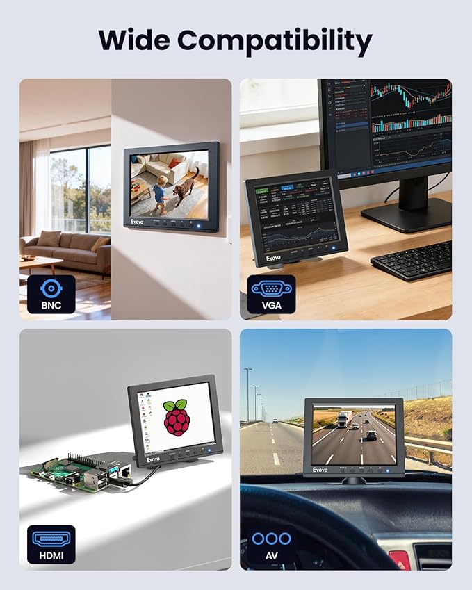Eyoyo 8" Security Camera Monitor, 1024x768 4:3 Mini TFT LCD Screen NVR CCTV Monitors Display with HDMI VGA BNC AV USB Input, Small Video Monitor for DVD TV Box Computer Server PC Raspbery pi