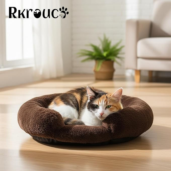 Fluffy Dog Bed Calming Donut Beds for Large Dogs Warming Round Small Medium Pet Nest Cozy Cat Mattress Indoor Washable Puppy Kennel Kittens Sleep Mat (XS, 20×20 inch, Brown)