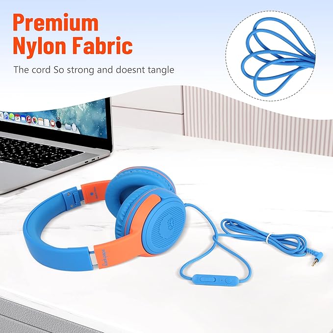 rockpapa Share 1 Kids Headphones Wired with Microphone & Share Port, 85dB/94dB Volume Limited, Cute Foldable Student Child Boys Girls Headphones for School/Classroom/Travel Blue/Orange