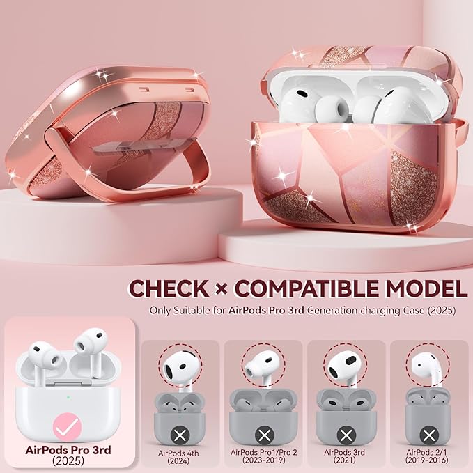 Inesore for AirPods Pro 3 Case 2025 with Lock, for Women Girly Floral Cute Case Compatible with Apple Airpods Pro 3rd Generation Cover, with Phone Stand,Keychain & Cleaner Kit-Pink Gold Marble