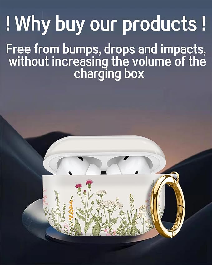Cute Hard Case Compatible with AirPods Pro 2nd/1st Generation, Protective Cover with Golden Keychain, Fits 2023/2022/2019 Models, for Women, Girls, and Men(Cute Beige Flower