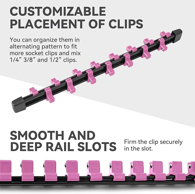 ALOANES 12PC ABS Socket Organizer, Socket Rails Fit 1/2 inch, 3/8 inch and 1/4 inch Drive Hold up to 172 Sockets, Heavy Duty Socket Holders, Black Rails with Pink Clips