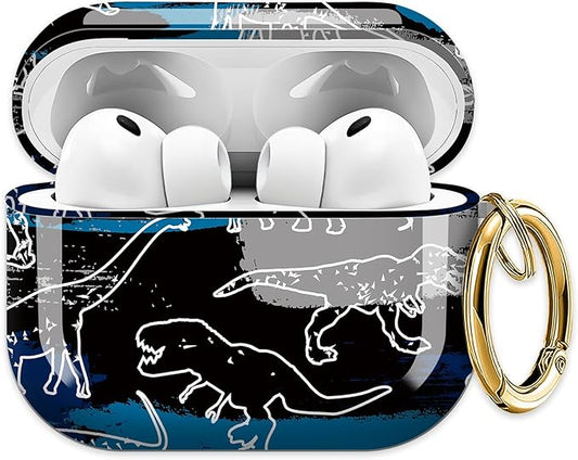 Cute Hard Case Compatible with AirPods Pro 3rd Generation Case (2025), Shockproof Protective Cover with Golden Keychain Ring Clip (Hand Drawn Dinosaur)