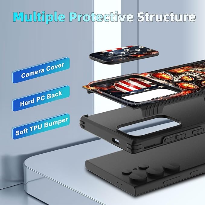 for Galaxy S25 Ultra Case Built in Slide Camera Lens Cover,Heavy Duty Shockproof Protection Dual Layer Case for Samsung Galaxy S25 Ultra 6.9" 2025,American Flag Flame Skull
