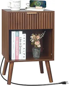 Fultyle Nightstand with Charging Station, Fluted Bedside Table with Storage