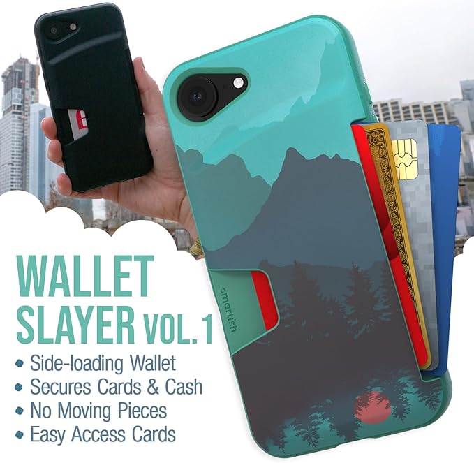 Smartish iPhone 17e/16 Wallet Case + 2-Pack Tempered Glass Screen Protector Bundle - Wallet Slayer + Tuff Sheet - Protective Case Wallet with Screen Protection for Apple iPhone 17e - Moving Mountains